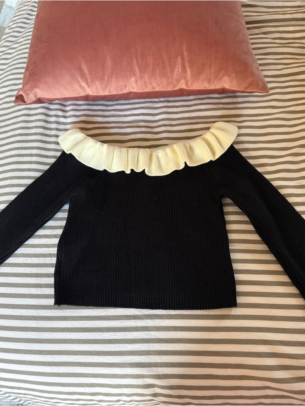 ❌SOLD❌Black Ribbed Button-Up Cardigan with Cream Ruffle Collar - Picture 4 of 4